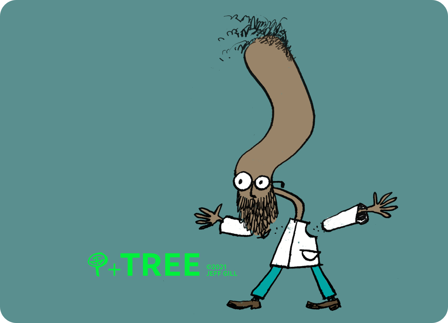 illustration of a scientist – eyes wide in amazement – whose outstretched arms are departing his body