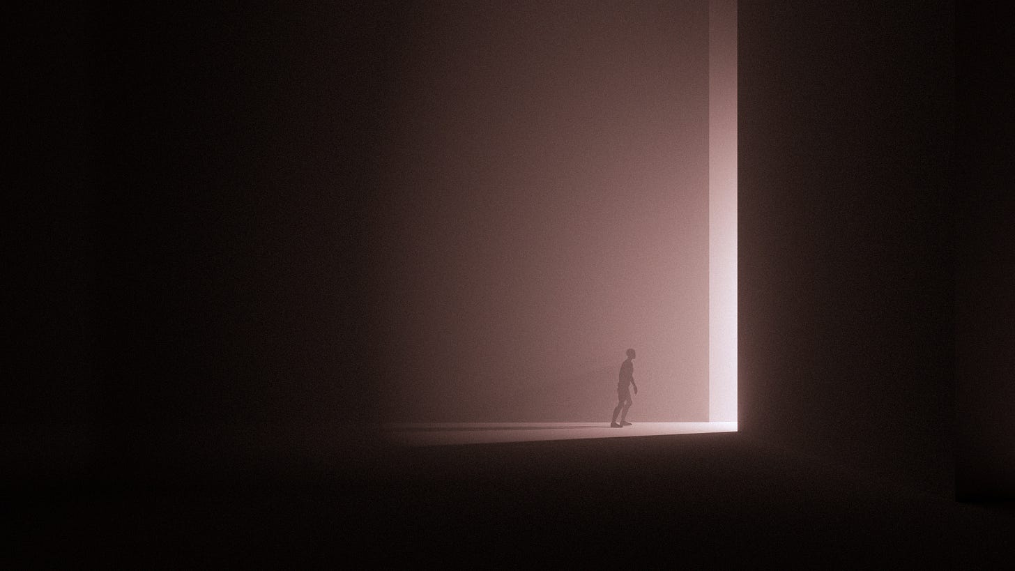 A person walking out of the darkness and into the light.