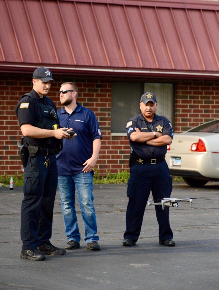 Officer Gregory Anicich (left) and Sgt. Robert Williford, both of the Mokena Police Department, receive training on how to operate the Village’s new drones Tuesday, July 20. PHOTOS BY JON DEPAOLIS/RICHARD FREE PRESS