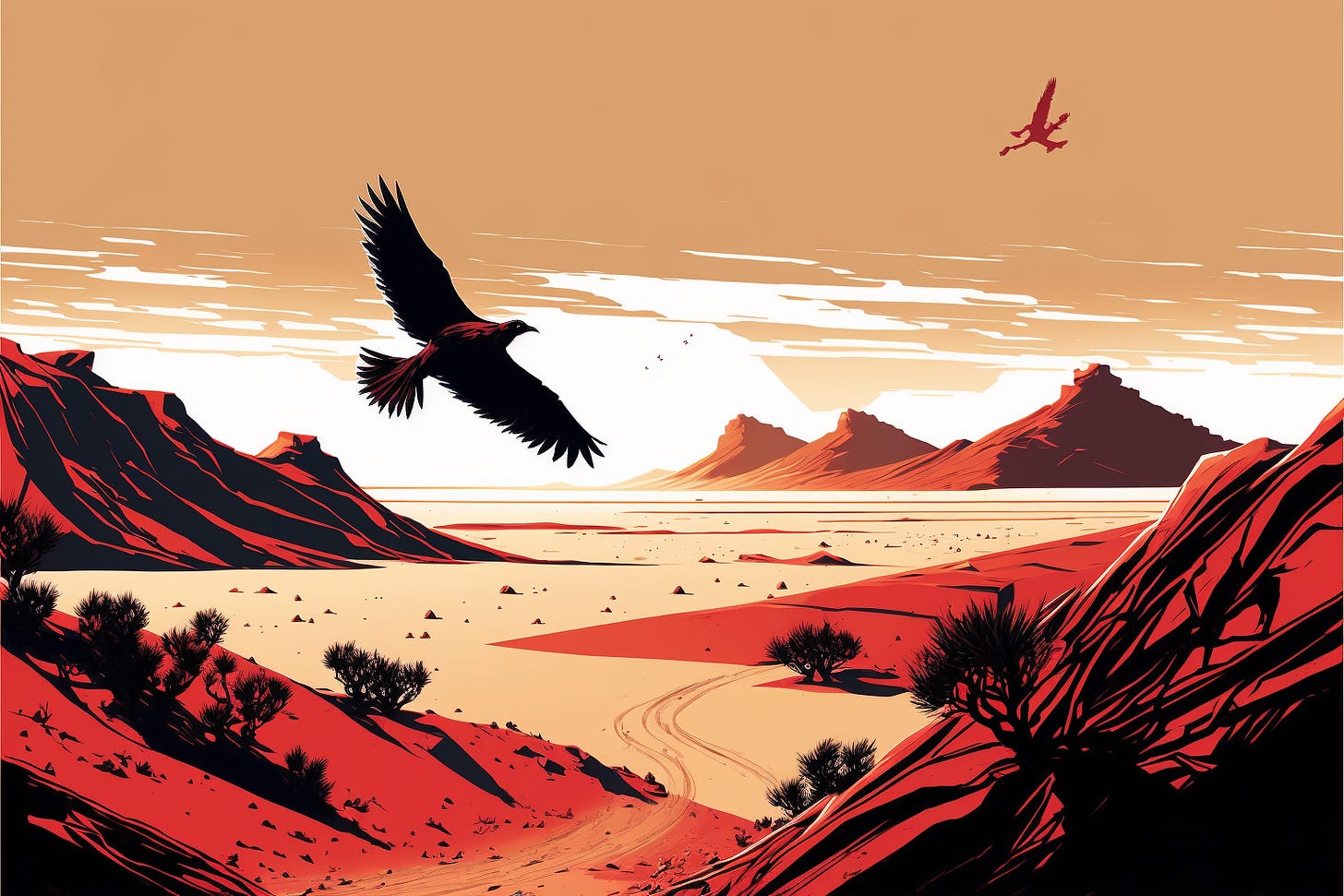 a red bird flying through the desert sky, graphic novel