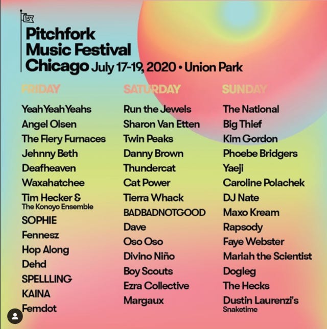 Image: This is a picture of the Pitchfork 2020 Lineup. End of image description.