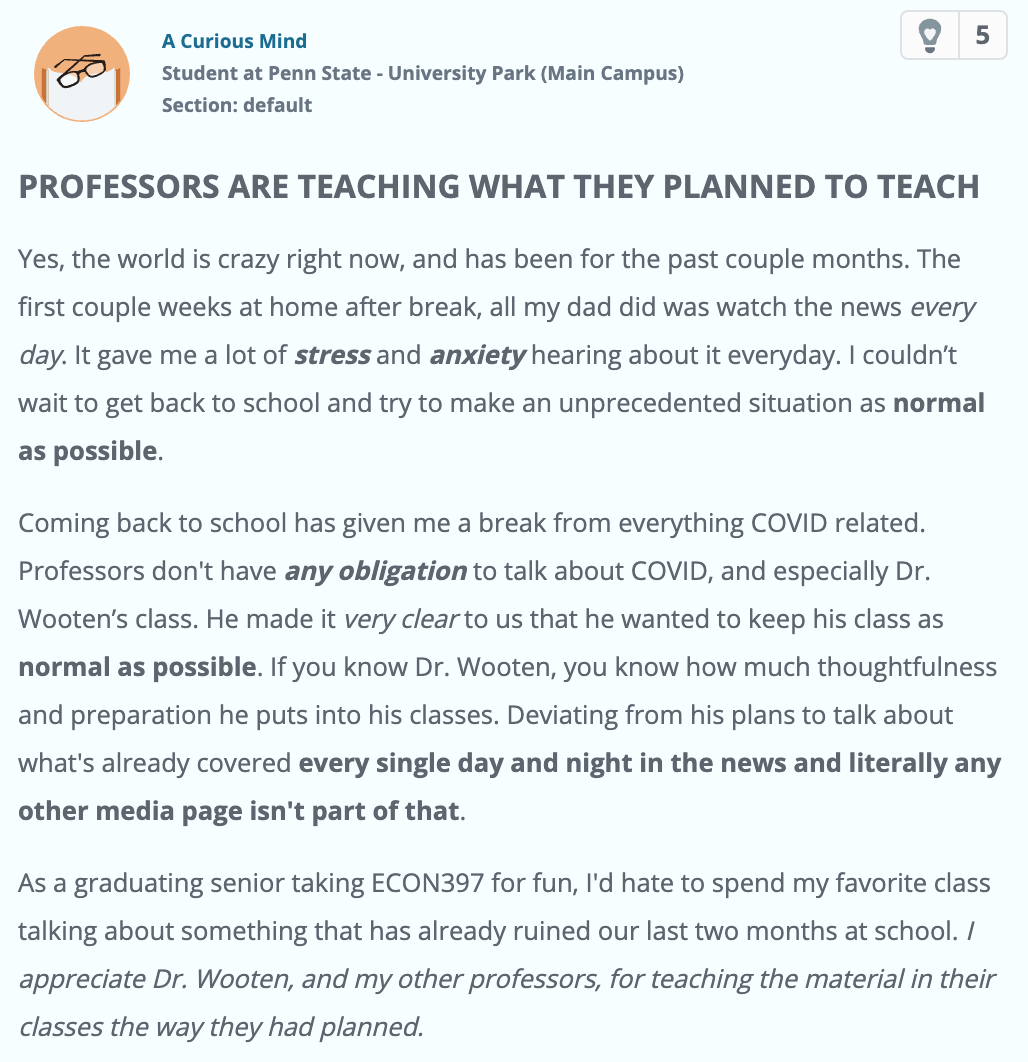 A discussion boar post where a student advocated for not using covid in class.