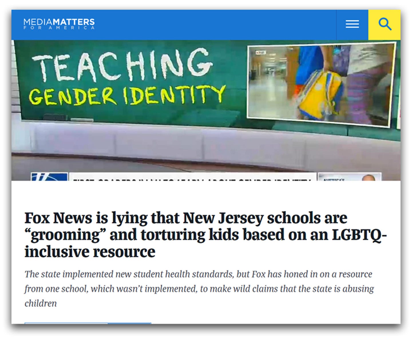 Media Matters headline "Fox News is lying the New Jersey schools are 'grooming' and torturing kids based on an LGBTQ- inclusive resource.