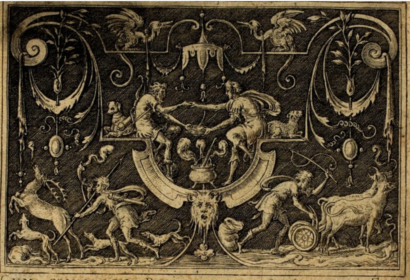 Intricate light brown and black print of two brothers holding one hand and holding a bowl of stew with the other, surrounded by other hunters and critters and decorations. 