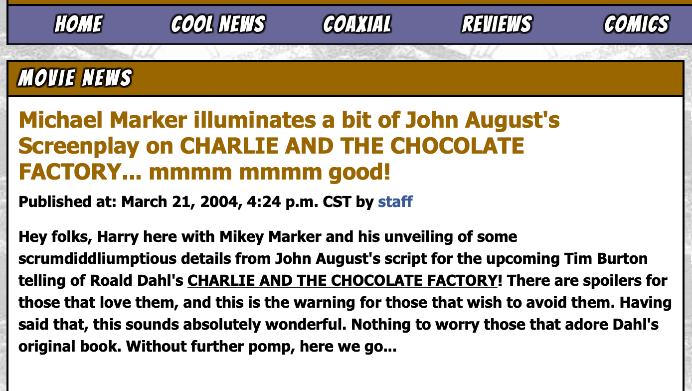 A screenshot of what the Ain't It Cool News article about the Charlie and the Chocolate Factory script looked like.