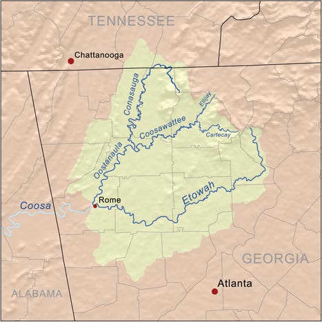 Map of key Northwest Georgia rivers, all of which is in former Cherokee land. Accessed via Wikimedia; Created by Kmusser and licensed under Creative Commons