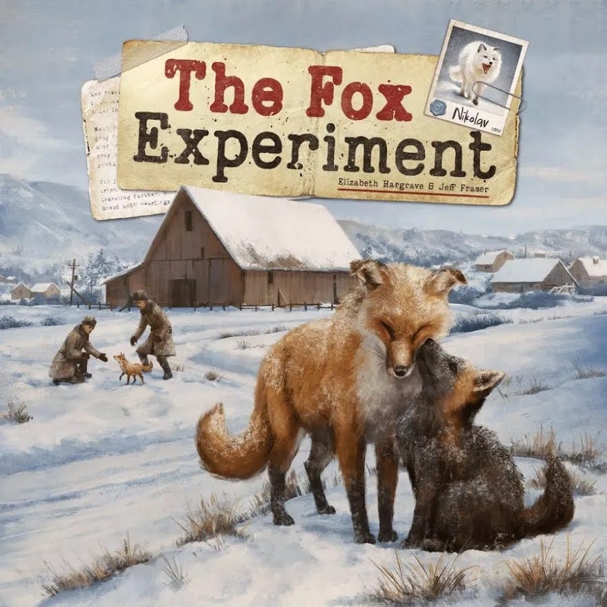 The cover of the The Fox Experiment: Two foxes nuzzling in the snow, with people frolicking with a fox in the background