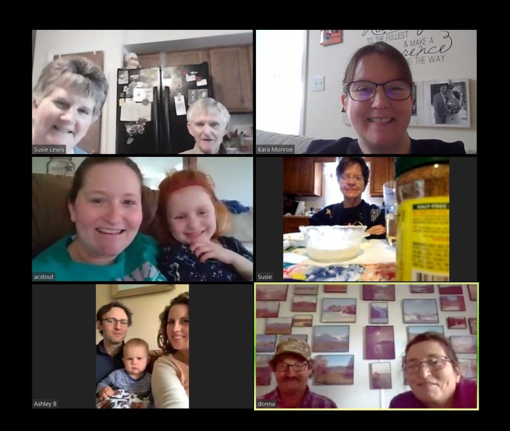 Image of me, dad, susie, mom, amanda, lauren, matt, clifton, ashley, donna and johnny during a video chat.
