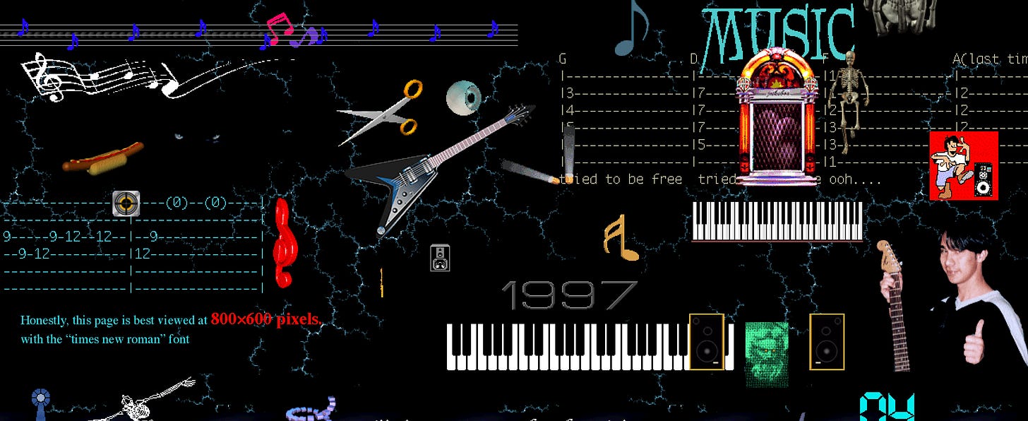 A collage of musical web1.0 animated gifs, including two keyboards, musical staffs, guitars, and random other stuff like a hotdog, scissors and an eyeball.