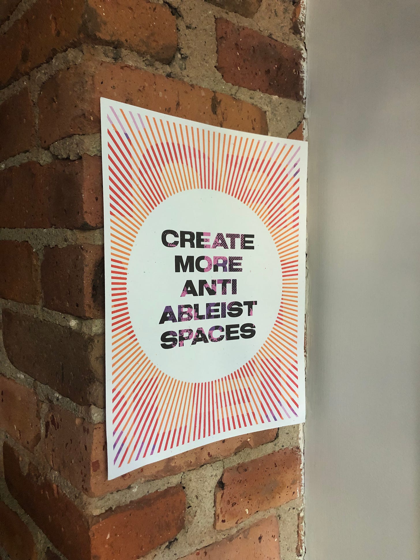 Poster design that says Create More Anti Ableist Spaces, colors in the poster include purple, pink and black.