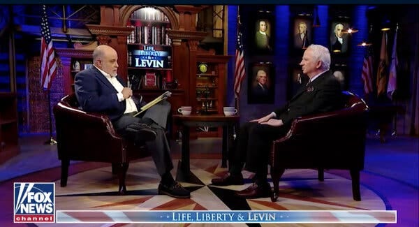 An appearance in 2019 on Mark Levin&rsquo;s Fox News show brought John Eastman, right, to President Donald J. Trump&rsquo;s attention.