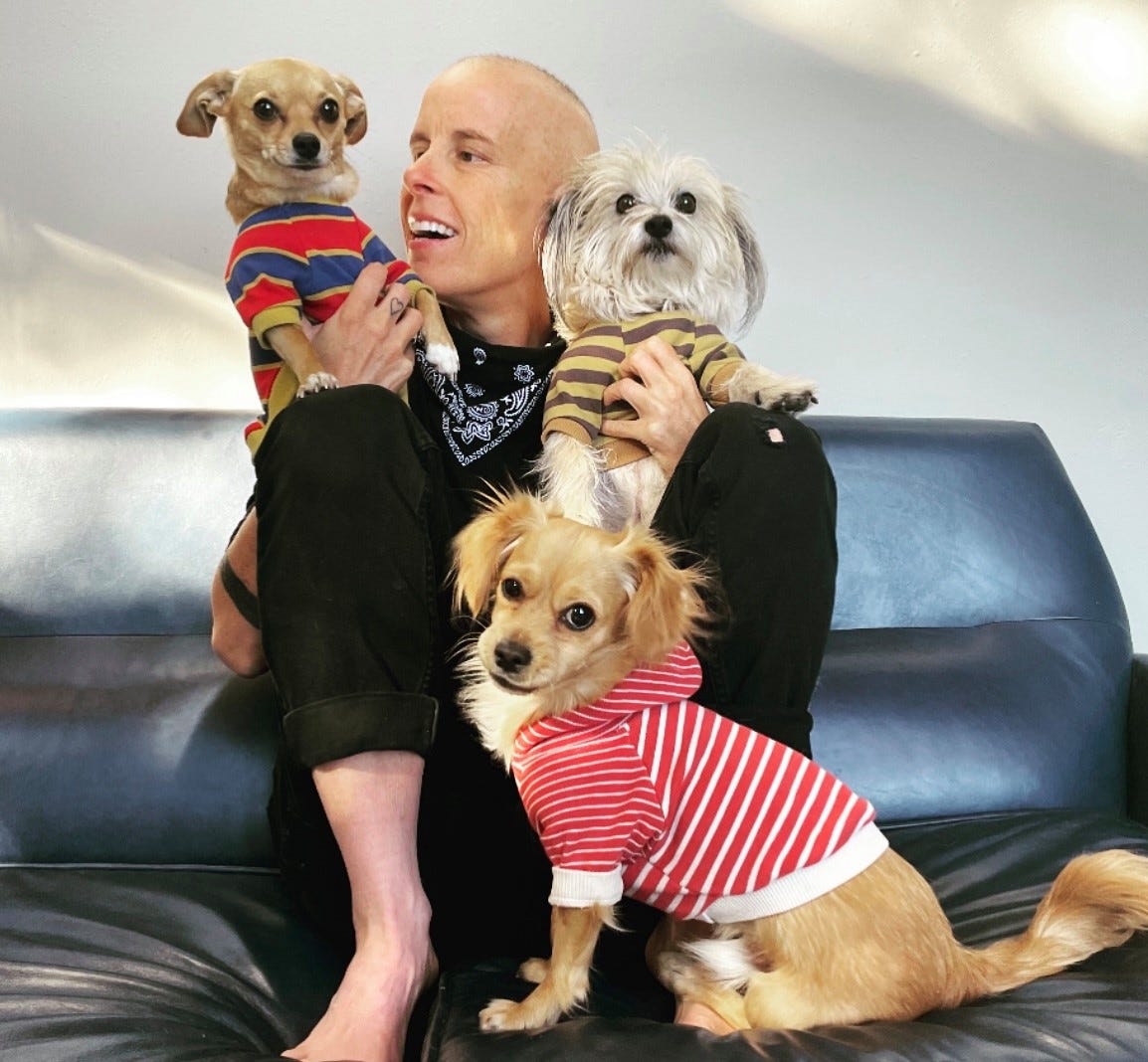 Andrea sits on a black couch, wearing a black bandana around their neck. They are holding Idgie and Squash. Winnie sits in front of them, looking at the camera. All the dogs are wearing colorful striped shirts. 