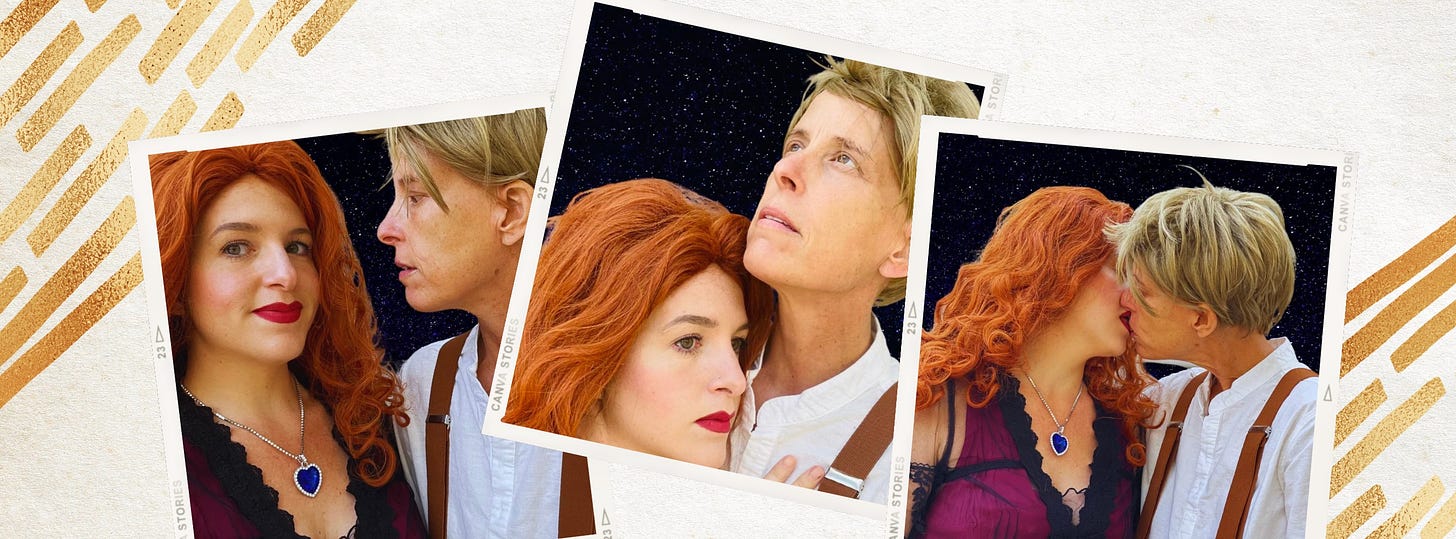 A three-photo set of Andrea dressed up as Jack from Titanic with brown suspenders and a blonde wig. Their partner Meg is dressed as Rose with a red wig, a purple dress and blue heart necklace. In the background of each photo is the night sky. 