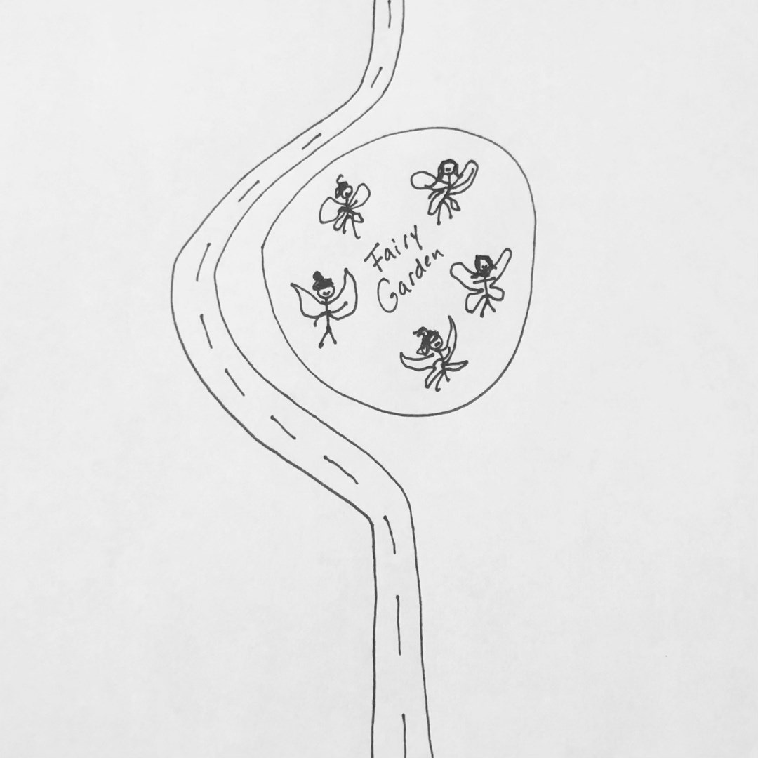 A drawing by Andrea Gibson of a road curving to avoid a fairy garden. The fairy garden is a circle with 4 stick-figure fairies inside it. 