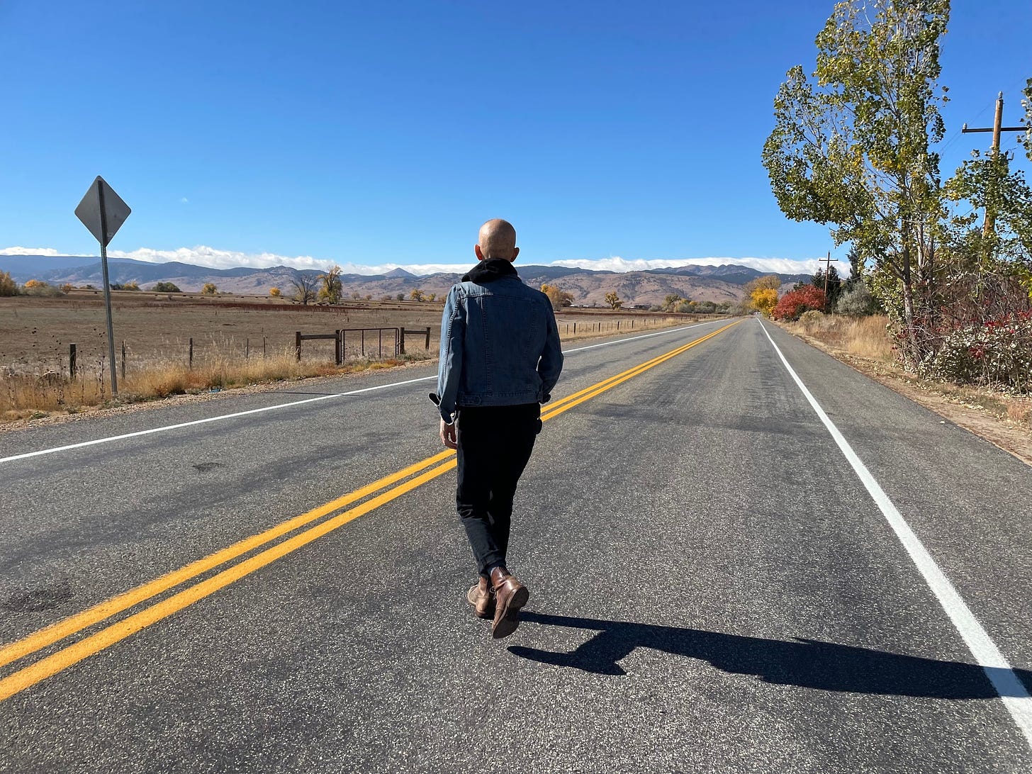 An image of Andrea Gibson on an open road with varied terrain in the background: an open field, orange, green and yellow trees, mountains and clouds in the background, and a bright blue sky. They are looking away from the camera, and there are no cars on the road.