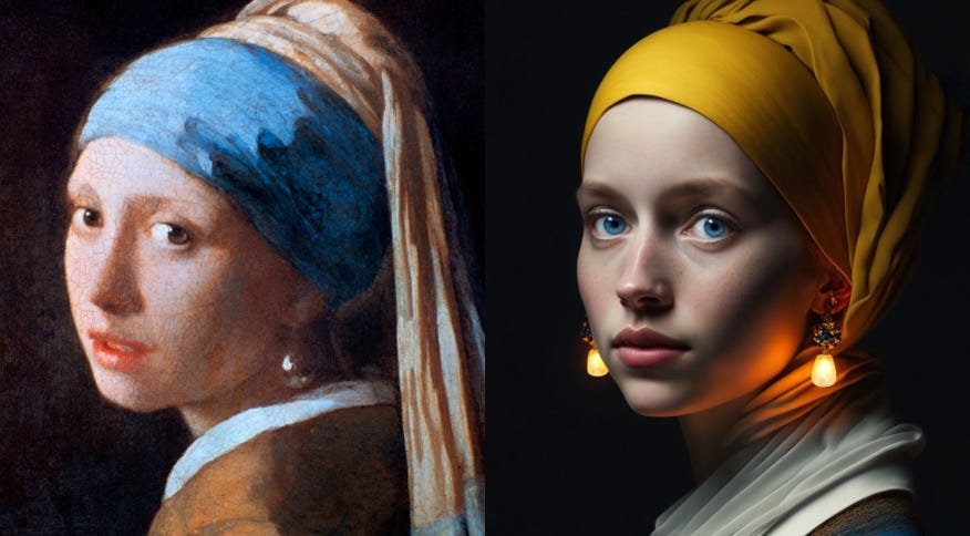 De um lado uma pintura de uma mulher com uma bandana azul, do outro, uma imagem gerada por IA semelhante a mulher de bandana azul, porem a bandana é amarela.