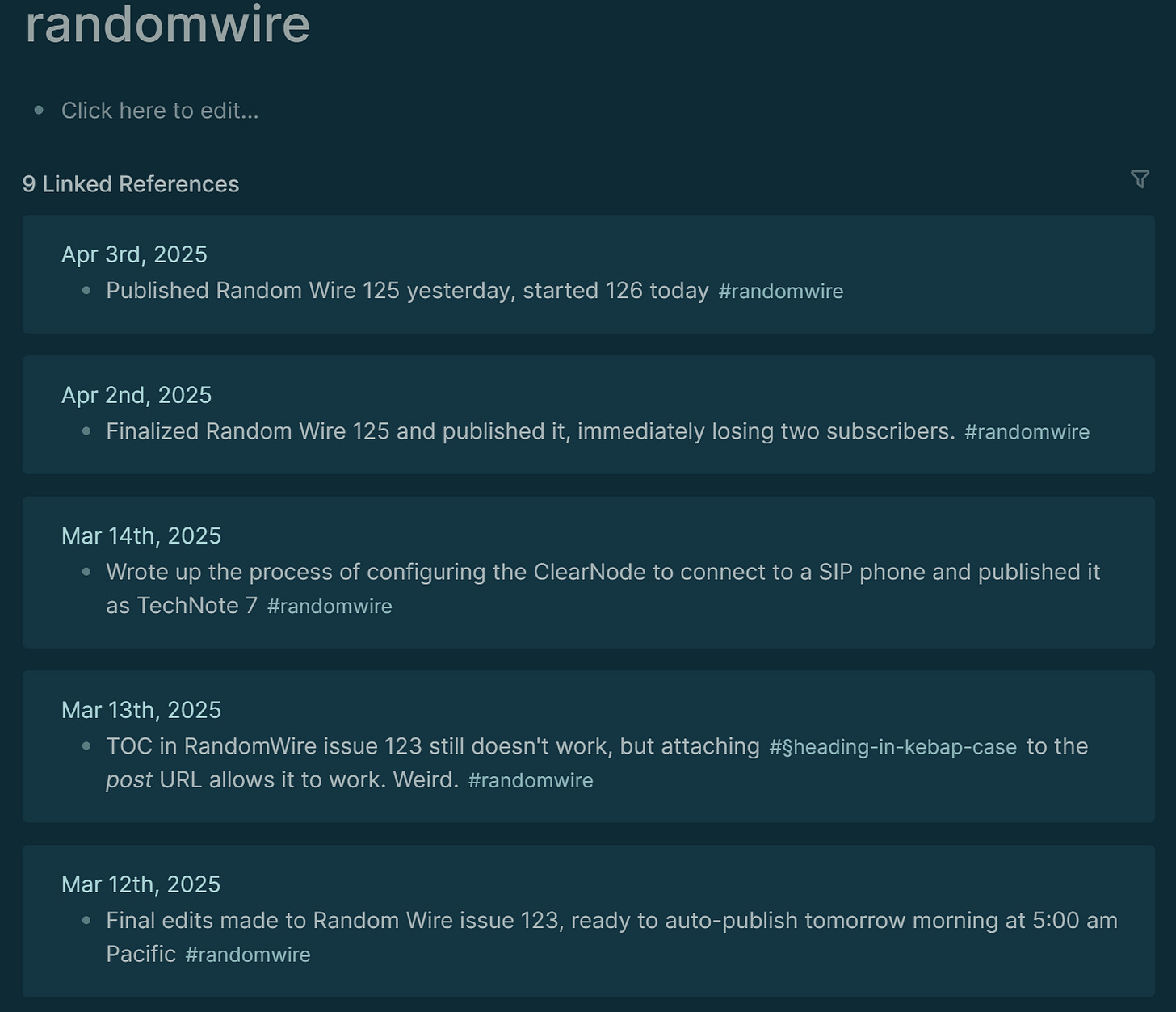 LogSeq content filtered by #randomwire tag