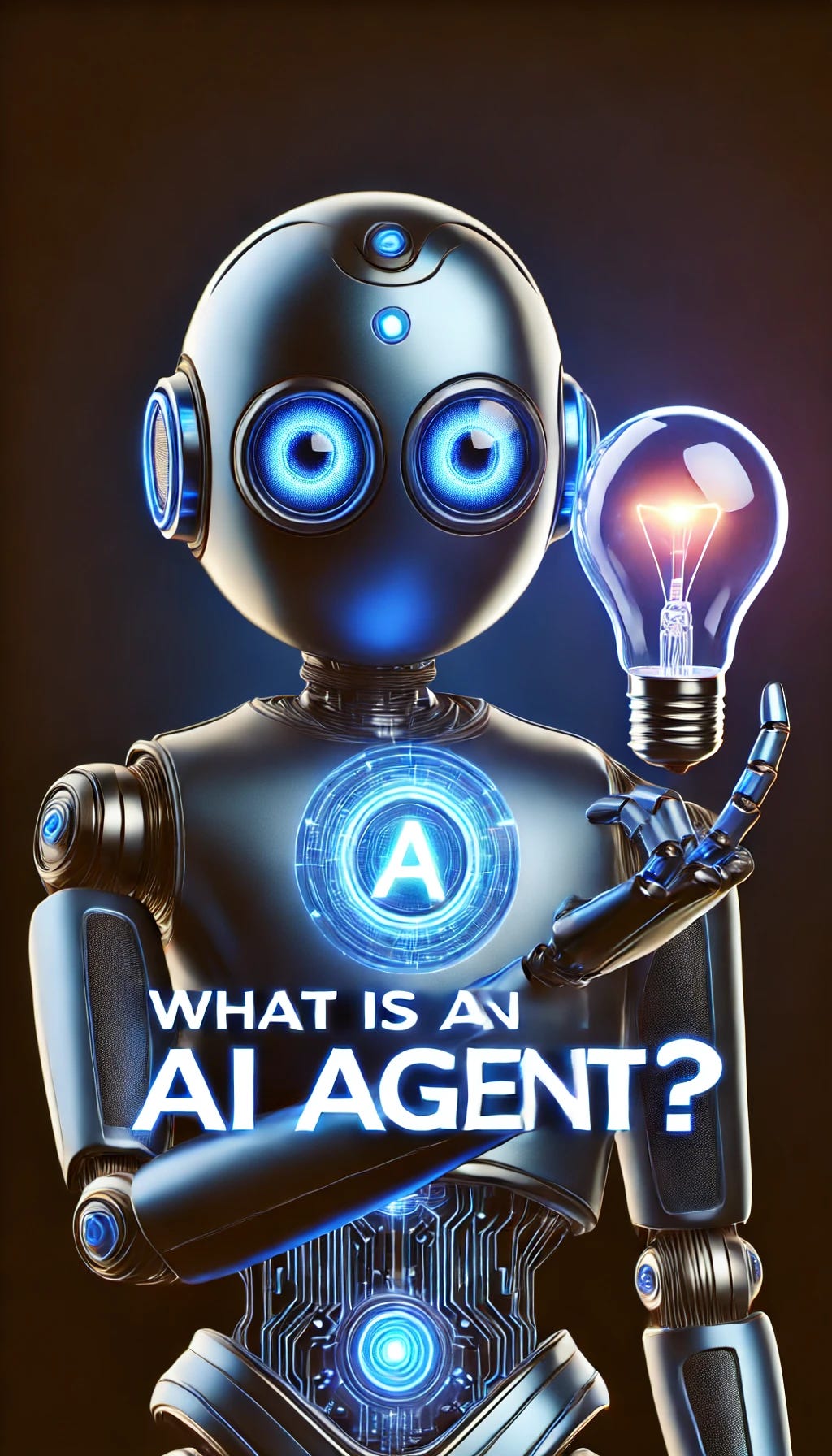 A futuristic and modern design of a friendly AI robot holding a glowing light bulb, similar to the image provided. The robot should be blue with large, expressive eyes and a sleek, polished look. The background should be dark to make the robot and the light bulb stand out. Text on the image should read 'What is an AI Agent?' in a bold, modern font, positioned to the left of the robot.