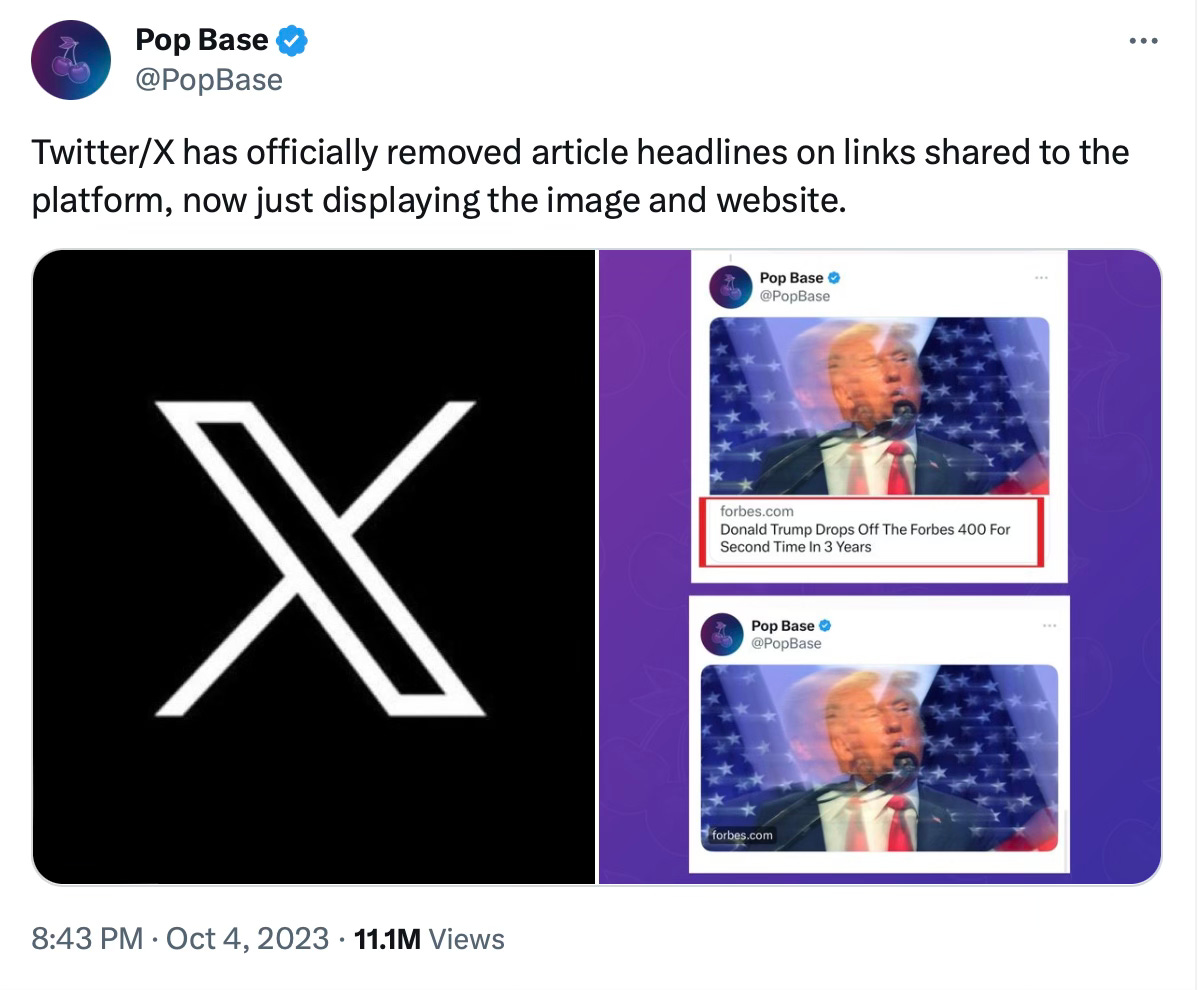 Tweet from Pop Base saying that "Twitter/X has officially remove article headline from links shared to the platform, now just displaying the image and website"