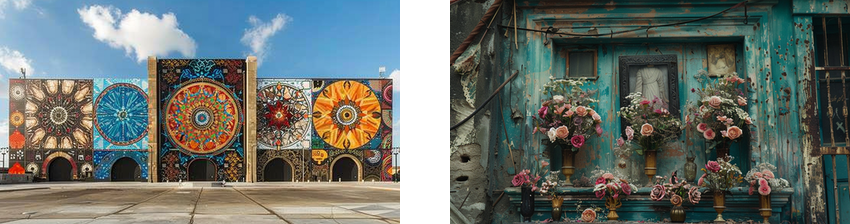 The left side of the image shows a vibrant mural covering the façade of a building, featuring large, intricate circular designs in various colors. The right side depicts a weathered, teal-colored wall with small windows adorned with blooming flower arrangements, creating a contrast between decay and beauty.