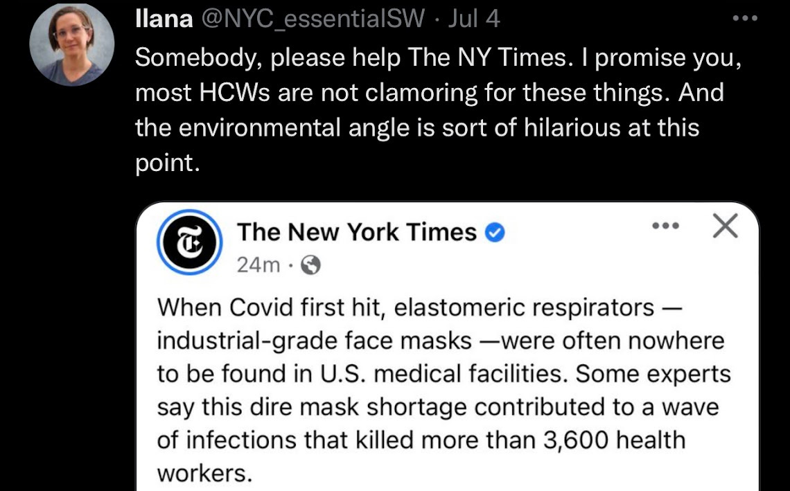 A NYC_essential SW tweet claiming HCWs are not clamoring for PPE from SARS-CoV-2