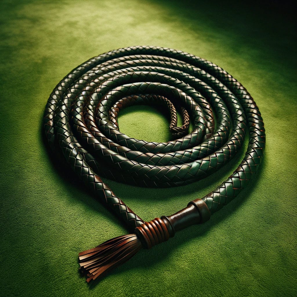 A rolled up bull whip laying on a green floor, matching the iconic deep, rich green found in the House of Commons. The scene is well-lit, highlighting the intricate details of the whip's braided leather and the subtle textures of the floor. The whip's handle is detailed, with a loop at the end for hanging, and its tapering strands are neatly coiled. The composition focuses on the contrast between the whip's dark, rich leather against the vibrant green background, creating a striking visual. The perspective is top-down, allowing for a clear view of the whip's design and the floor's texture.