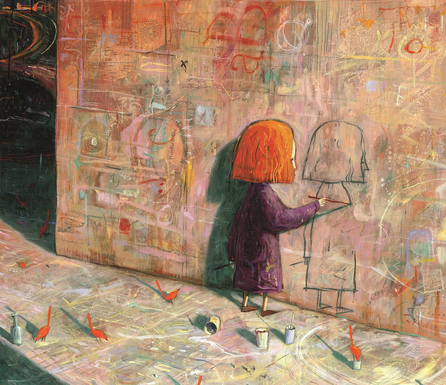 The girl draws an outline of herself on a wall. A tiny red leaf can be seen on the floor to the left of the picture.