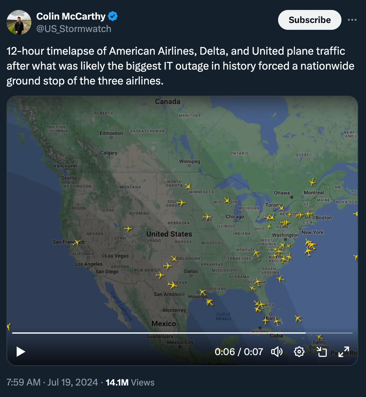 A tweet: "12-hour timelapse of American Airlines, Delta, and United plane traffic after what was likely the biggest IT outage in history forced a nationwide ground stop of the three airlines." Image shows just a handful of planes over a map of the US.