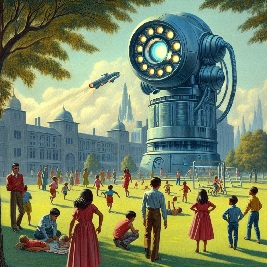 children playing in the park watched over by an omniscient machine, 60s sci-fi drawing