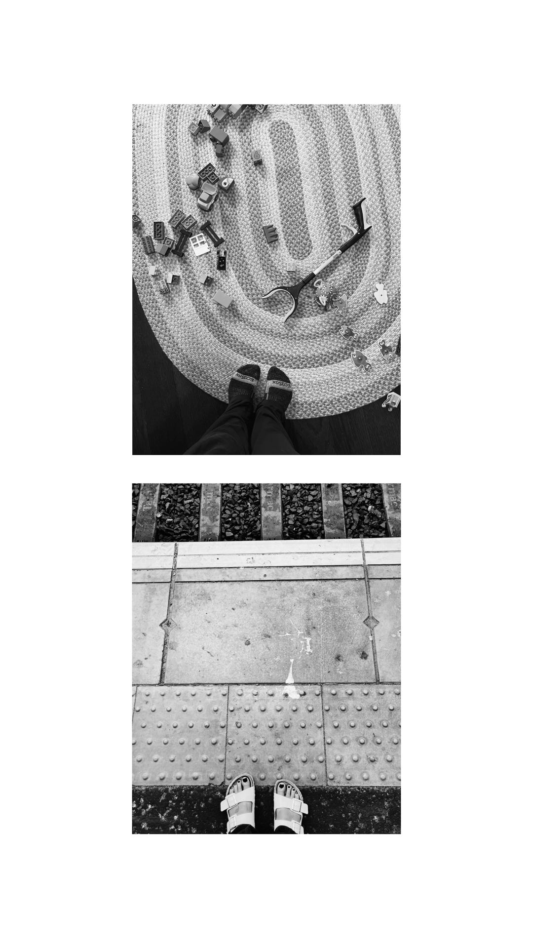 Two black and white photographs. The first is a pair of feet in socks standing on a braided rug with blocks and a grabbing arm. The second is a pair of feet in sandals at a UK train station.