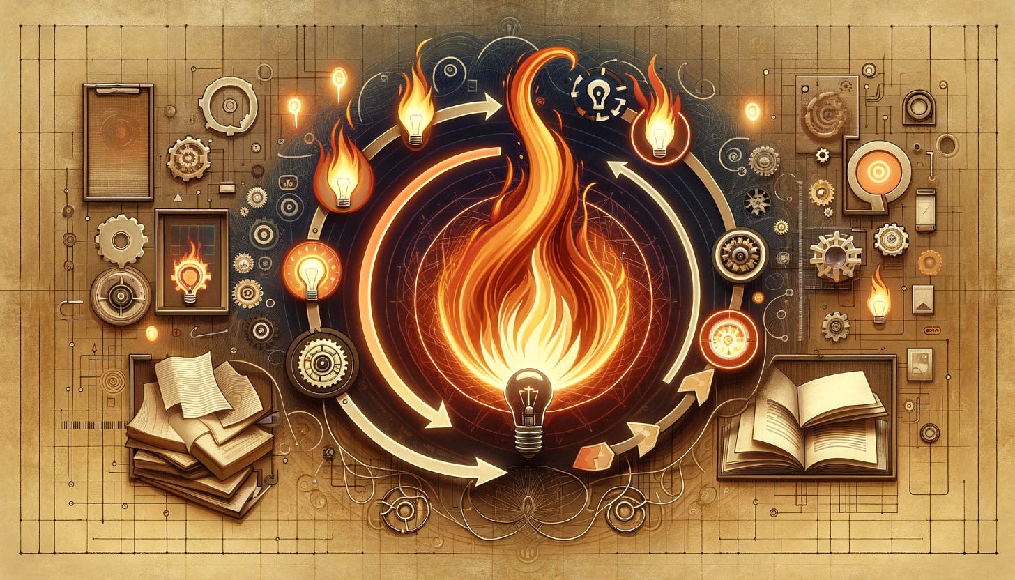 The image focuses more intently on the iterative and feedback aspects of a fire, symbolizing the development of a habit of curiosity. In the center, a dynamic, stylized fire with interwoven flames represents the continuous feedback loop. Around the fire, there are several more pronounced elements of feedback and iteration: a series of arrows forming a circular motion to indicate ongoing cycles, a spiral notebook with pages turning, and a sequence of light bulbs, each progressively brighter, symbolizing the growth of ideas. The background features a more pronounced abstract pattern of interconnected circuits and gears, emphasizing the concept of feedback systems. The color palette remains focused on warm oranges, yellows, and soft reds, subtly complementing the main color #ee7835. The composition is designed to be simple yet engaging, clearly illustrating the concept of continuous learning and curiosity akin to the sustained energy of a fire.