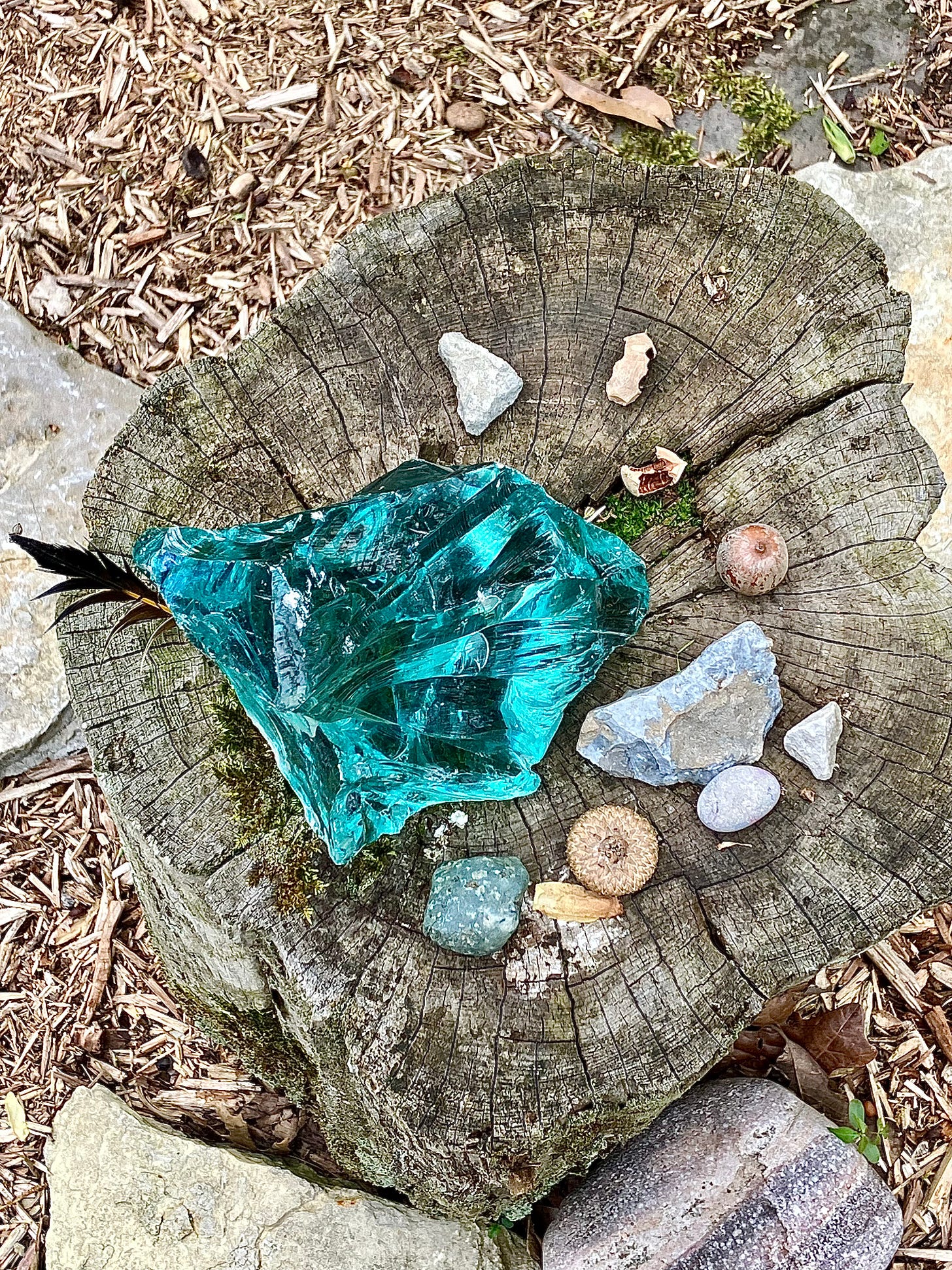 The top of an upturned log with a chunk of turquoise glass, a feather, an acorn and a few small stones.