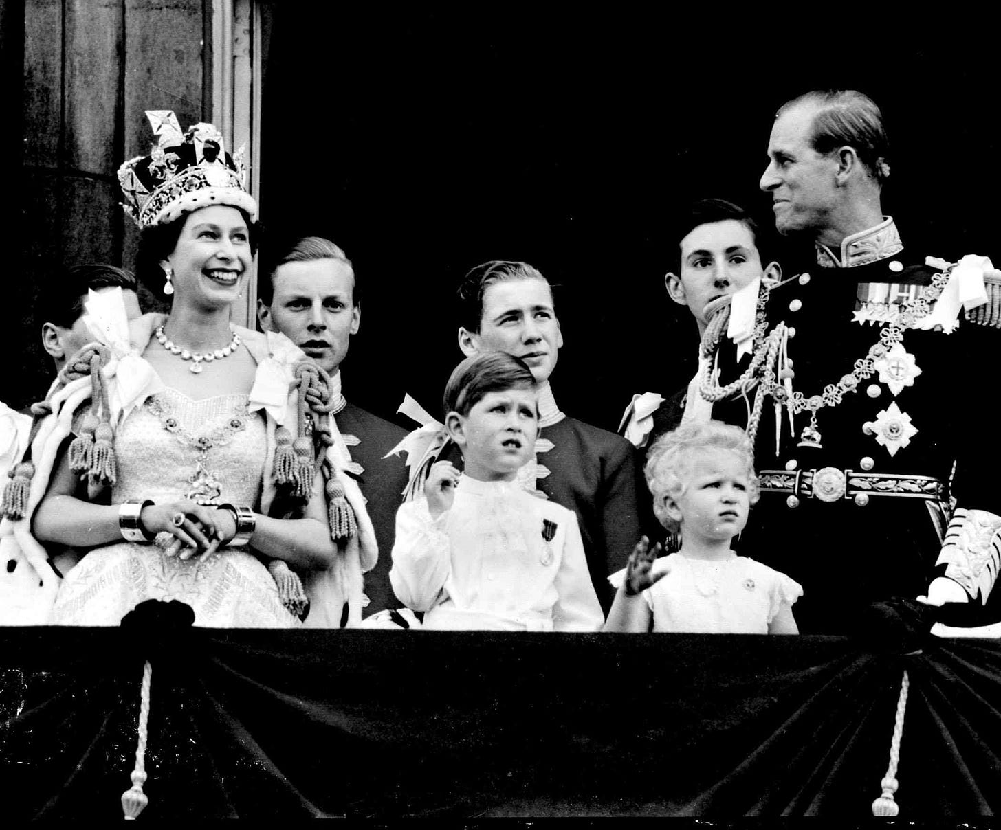 The royal family on the balcony at Buckingham Palace after the Queen's  coronation in 1953