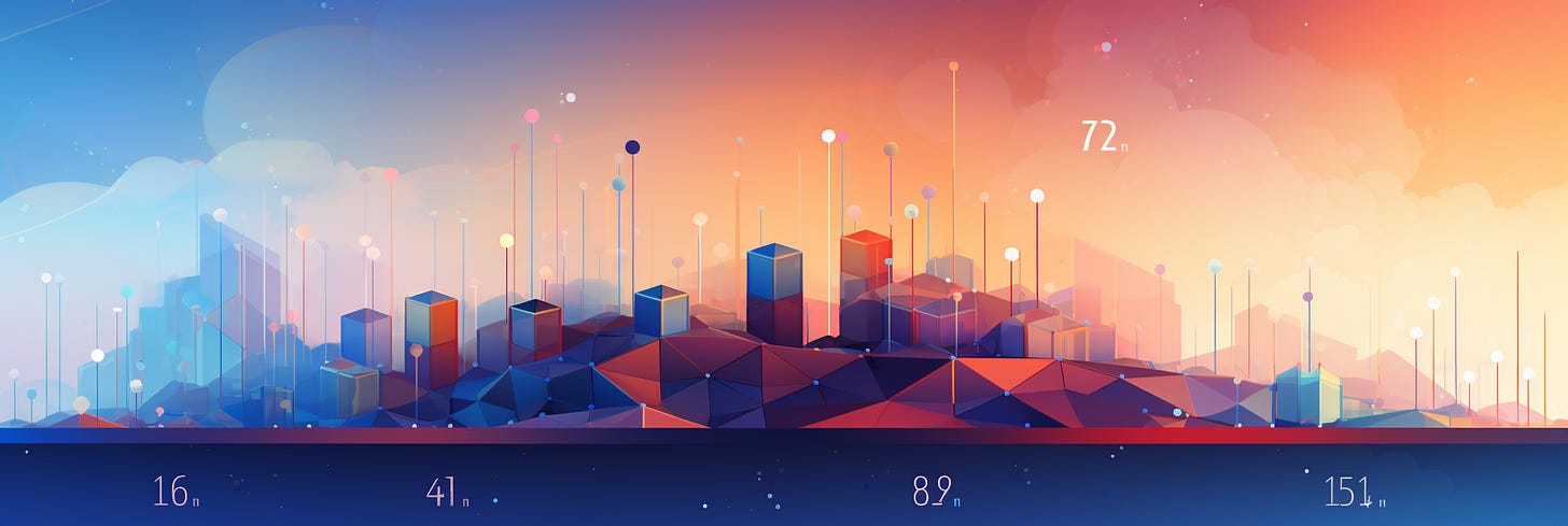 The image is a wide-format digital artwork that portrays a stylized, geometric landscape. The scene transitions from a cool blue morning on the left to a warm orange evening on the right, suggesting the passage of time throughout a day. Abstract structures resembling buildings with long vertical lines that could be interpreted as antennas or streetlights are scattered across the landscape. Some numbers are superimposed over the image near the bottom edge, possibly indicating data points or times of the day. The overall effect is that of a futuristic cityscape with an emphasis on clean lines and a smooth gradient of colors.
