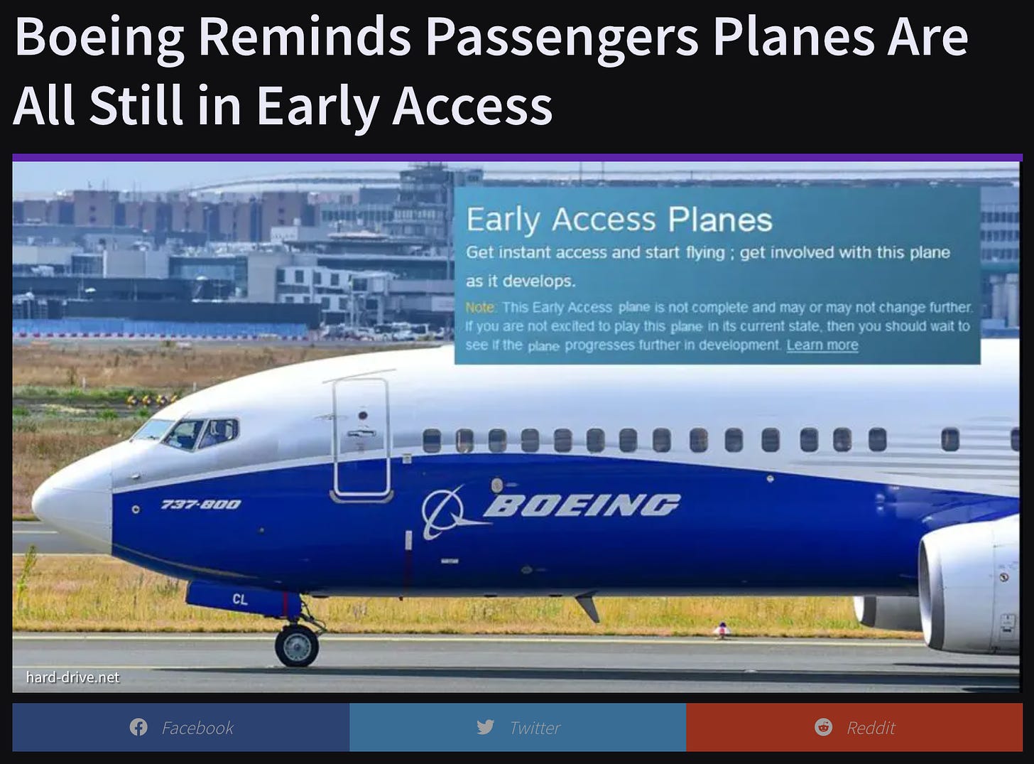 Image of headline from Hard Drive, plus featured image of Boeing plane and Steam early access FAQ