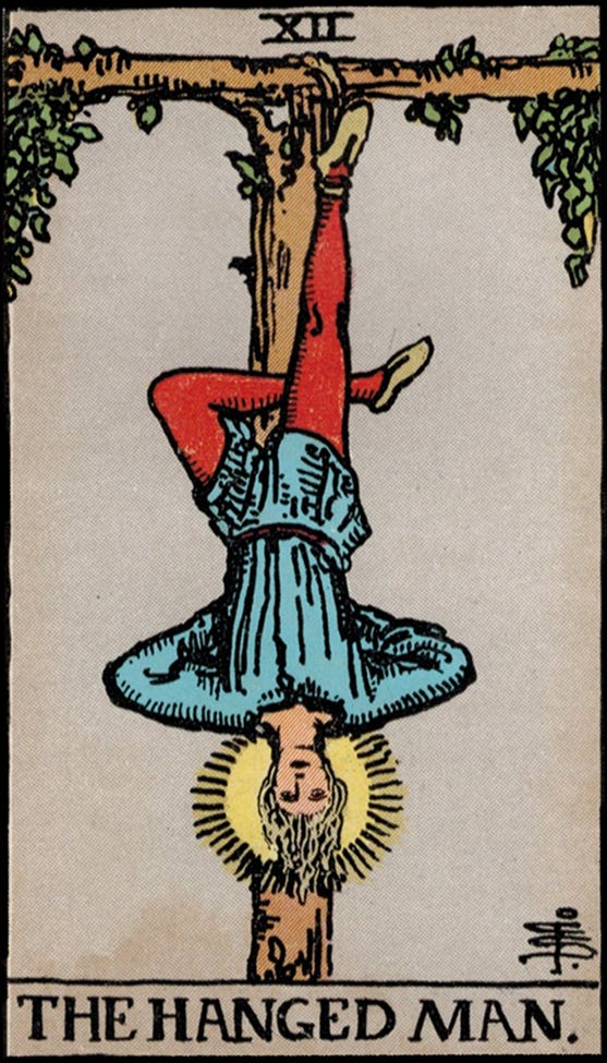 A man is hanging from a branch upside down. His left foot is crossed behind his right knee. His arms are crossed behind his back. There is a halo around his head. There is a leisurely air about him.