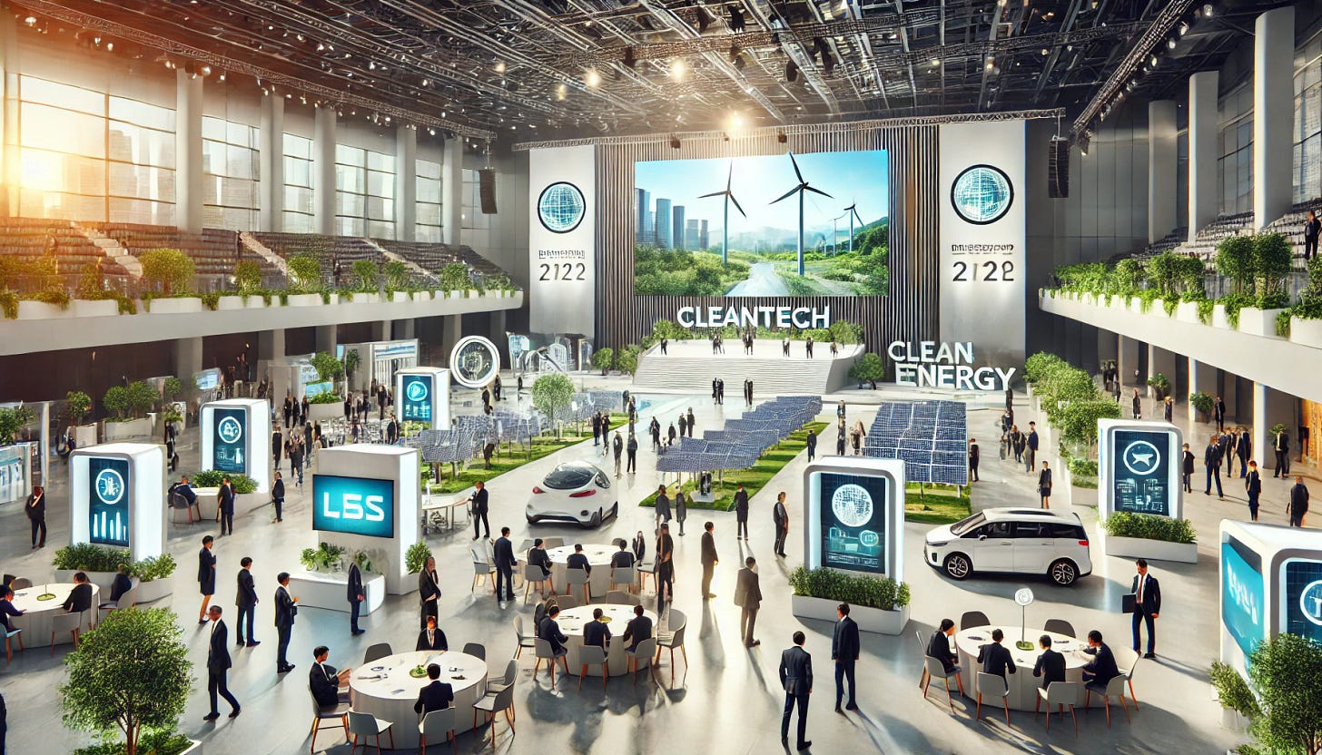 A professional, modern-day cleantech conference. The setting features a large conference hall with a sleek stage, LED screens displaying clean energy technology graphics, and a clean, sustainable design. Attendees in business attire are networking and exploring interactive booths with solar panels, wind turbines, electric vehicle displays, and other clean technology exhibits. The environment is bright with natural lighting, green plants as decor, and banners promoting sustainability. Some speakers on stage are presenting about the future of green energy and innovation. Overall, a sophisticated and eco-friendly atmosphere.