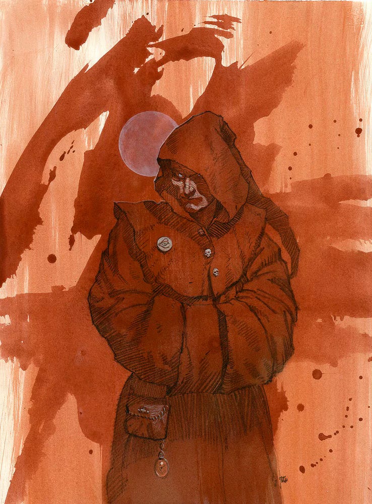 Set against a splash of red, a cloaked man glances down and to the side. Behind him is a milk white orb. His hood is drawn up to cover a portion of his face and leaving much of the rest in shadow. His hands are hidden in his sleeves as they meet in front of him. The buttons on his cloak are human skulls. A pin on his breast is emblazoned with a stylized eye with swirling iris, the symbol of the Crimson King. A pouch hangs at his side. From it hangs a pocket watch.