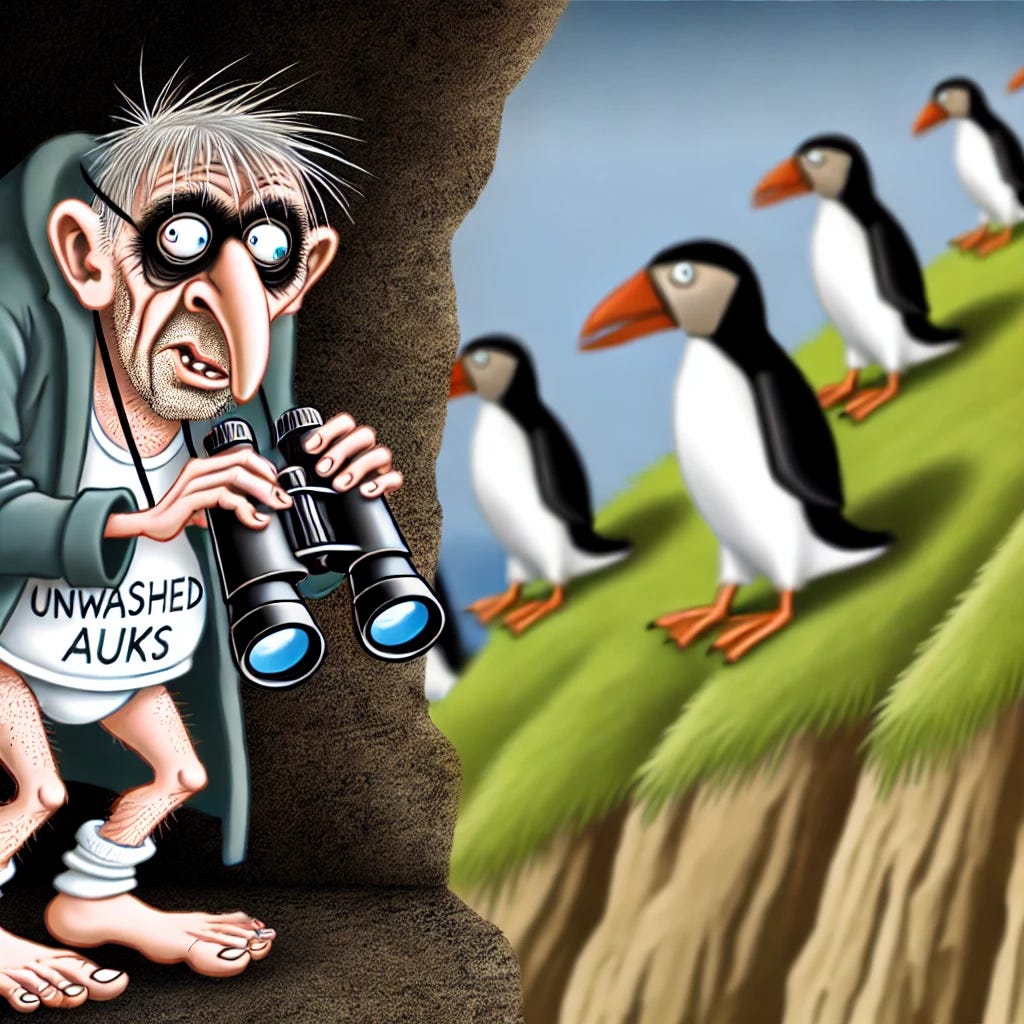 A humorous caricature of a 'Creep,' lurking in the shadows, with unwashed clothes and a shifty expression, standing near a cliff where Great Auks (extinct birds) used to live. The creep is holding binoculars, looking sneaky and socially awkward as he invades the birds' habitat. The Great Auks are visibly uncomfortable, with one bird staring at the creep suspiciously. The atmosphere is funny and exaggerated, showing the creep's invasive behavior leading to the birds' disappearance.