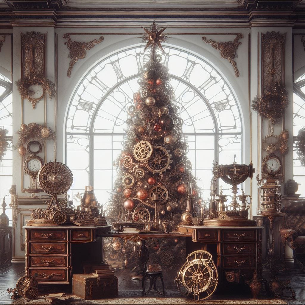 A steampunk image of a christmas tree on a white background in a victorian style office