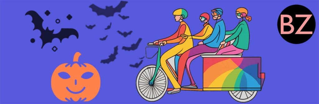 drawing of four people on a rainbow coloured cargo bike with a pumpkin and bats with BZ logo 