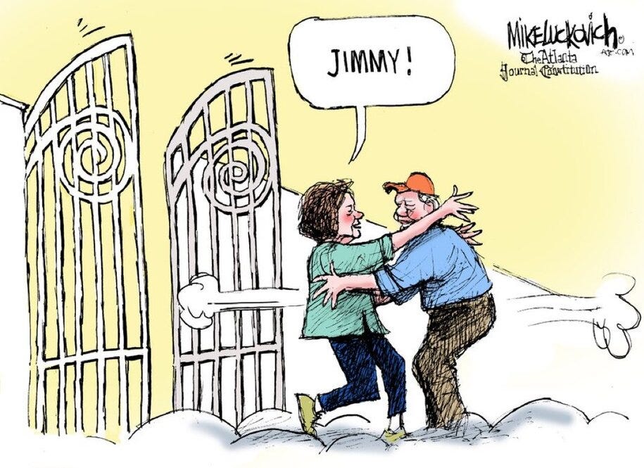 Cartoon of Rosalind Carter embracing Jimmy Carter atop a cloud near the gates of heaven. She is saying "Jimmy!"