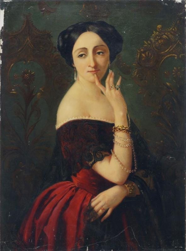 Spanish School, 19th Century | Portrait of a lady traditionally held to be  the Spanish opera singer Adelina Patti, standing three quarter length in a  red dress and black shawl | MutualArt