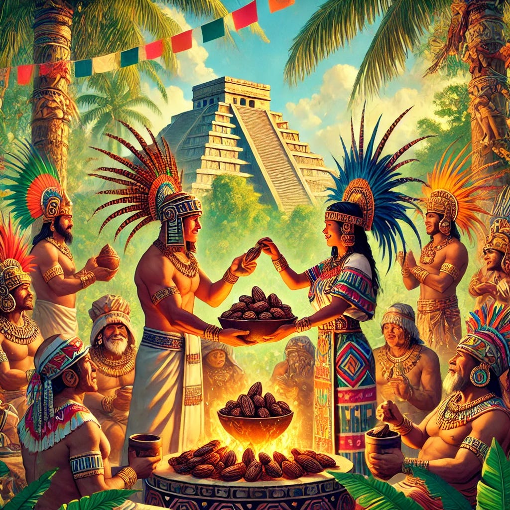 A vivid, historically inspired scene showing Aztec and Maya people celebrating cacao seeds together. In the image, figures from both civilizations are gathered around a ceremonial fire, exchanging cacao seeds in ornate vessels. The setting is lush with tropical plants, and pyramids can be seen in the background. The participants wear traditional Aztec and Maya clothing, with vibrant feathers, gold jewelry, and intricate patterns. They are shown smiling and engaging in a symbolic, joyous exchange, highlighting the cultural significance of cacao. The atmosphere is festive, with banners and pottery decorated with cacao motifs.