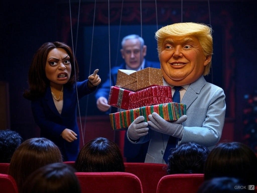 Some puppet governments really are better than others. (Image generated using Grok). An image of puppets looking like Trump and Kamala Harris on a stage with Benjamin Netenyahu in the background. Trump offers gifts; Harris offers DIEversity and anarcho-tyranny.