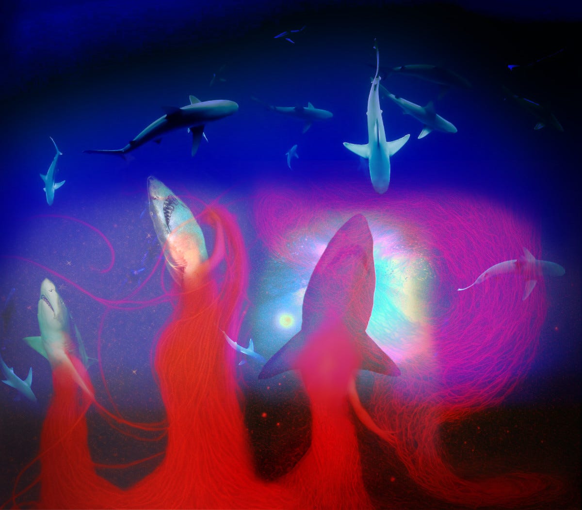 Collage consisting of photographs and AI-generated imagery, showing three shark-headed women in red dresses, against a blue background where other sharks are swimming around