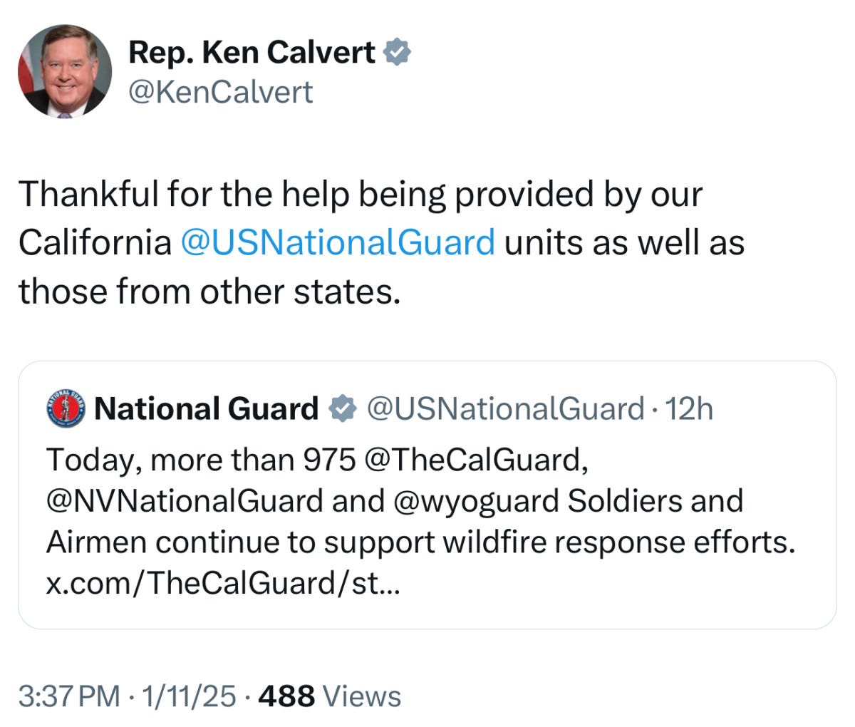 Ken Calvert thank people from other states helping California, but left to kiss the ring at Mar-a-Lago