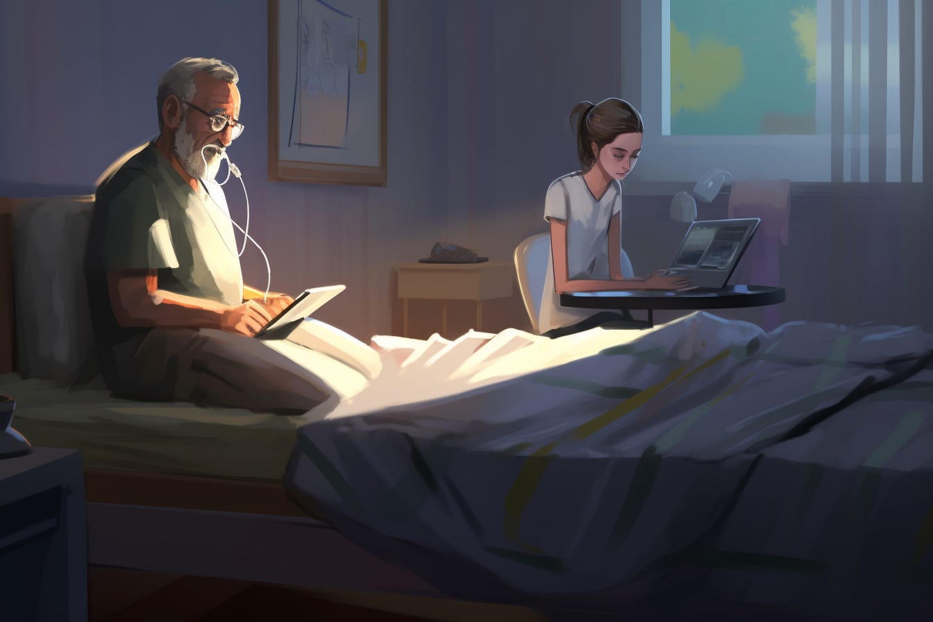 A darkened hospital room with an old father on a hospital bed, accompanied by a young daughter on a laptop