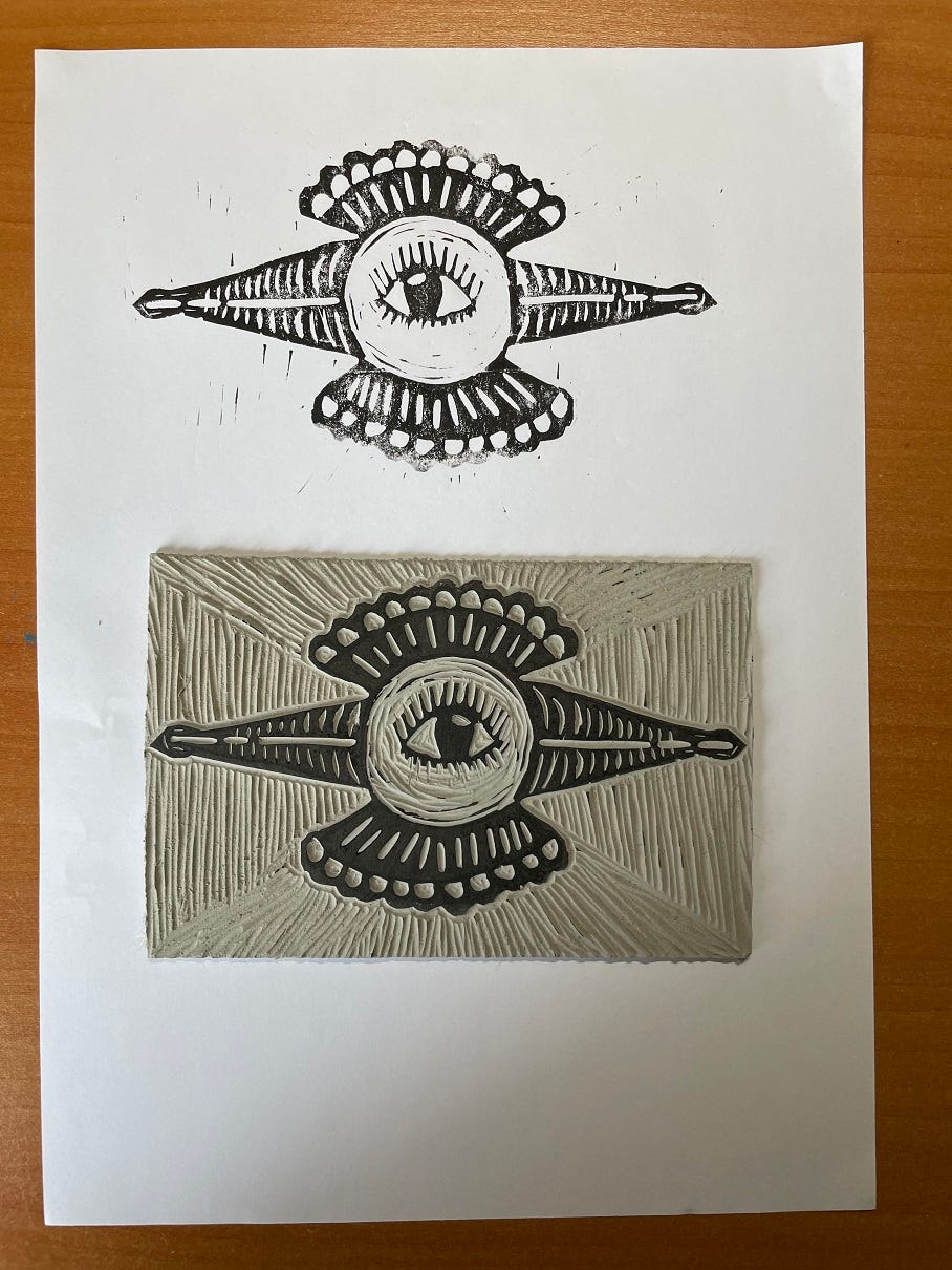 Photo of a lino carving and print.