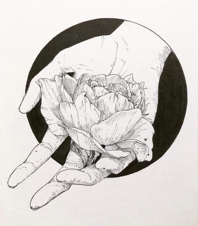 a detailed black and white line drawing of a hand gently cradling a large, blooming flower, with a dark circular background behind the hand
